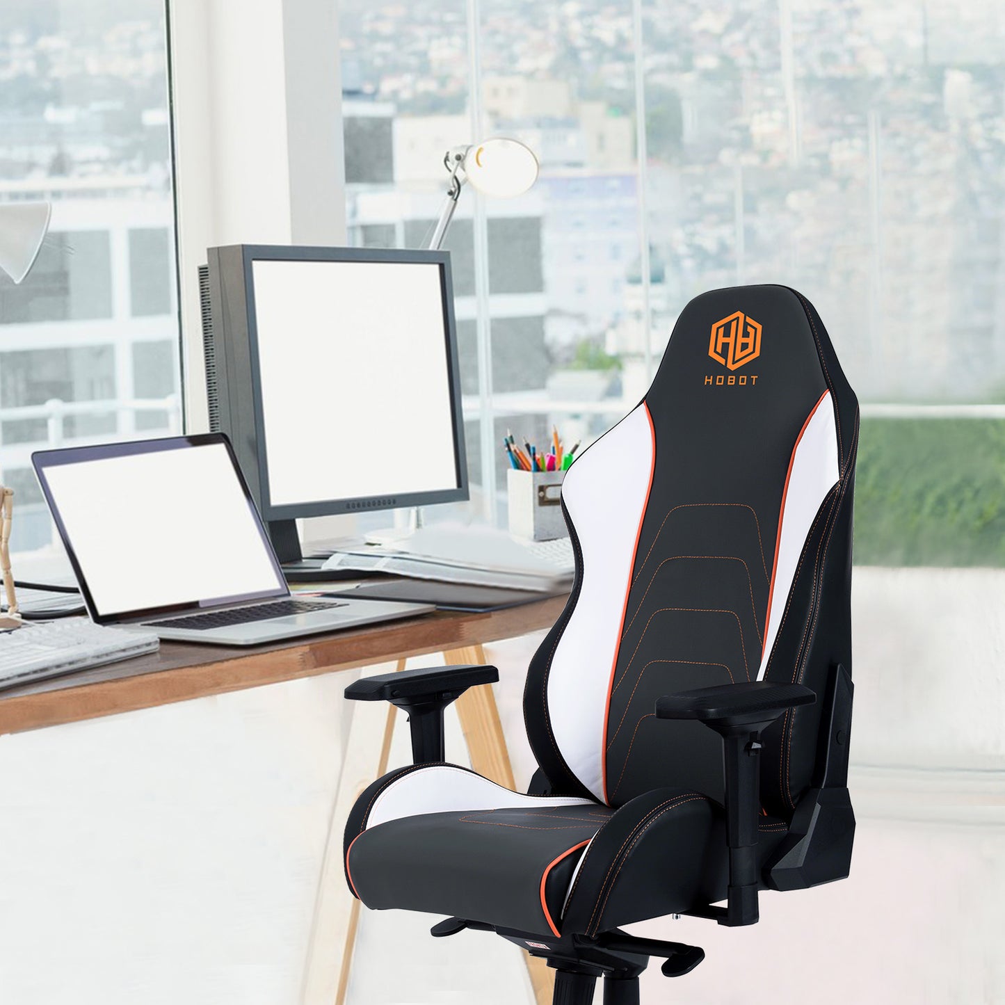 HOBOT Supreme Gaming Chair: Ergonomically Designed for Gaming - Multi-Layered Synthetic Leather ,polyurethane Foam Cushions - 4D Armrests - Steel-Reinforced frame - Black And Orange