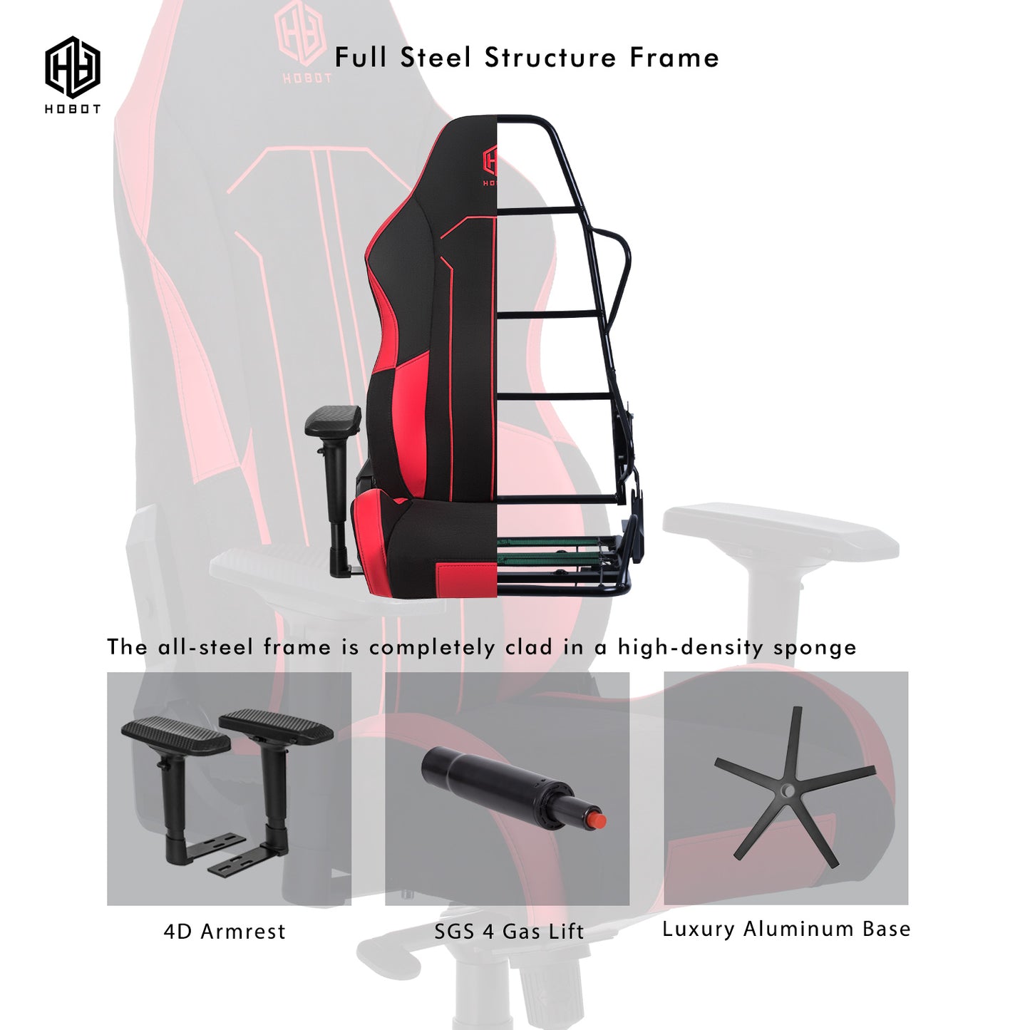 HOBOT Moonraker  Gaming Chair,All-Day Gaming Comfort Optimized Cushion Density,Eco-Friendly Suede - Adjustable 155-degree Recline,Red