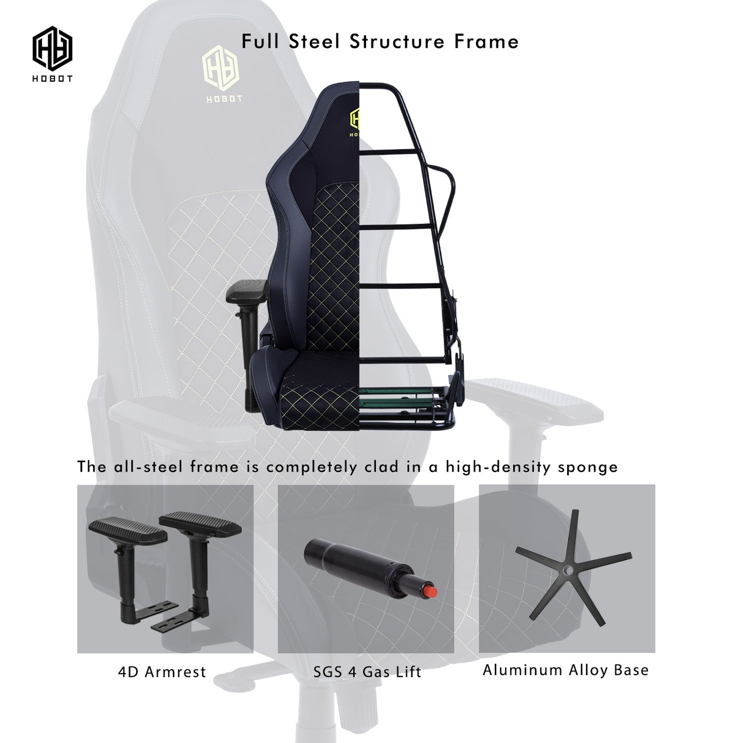 HOBOT Pro-Comfort  Gaming/Office Chair with Recliner, Swivel, Tilt, Rocker, Adjustable Height, 4D Armrests, Neck Pillow and Lumbar Adjustment - Black suede - Green logo