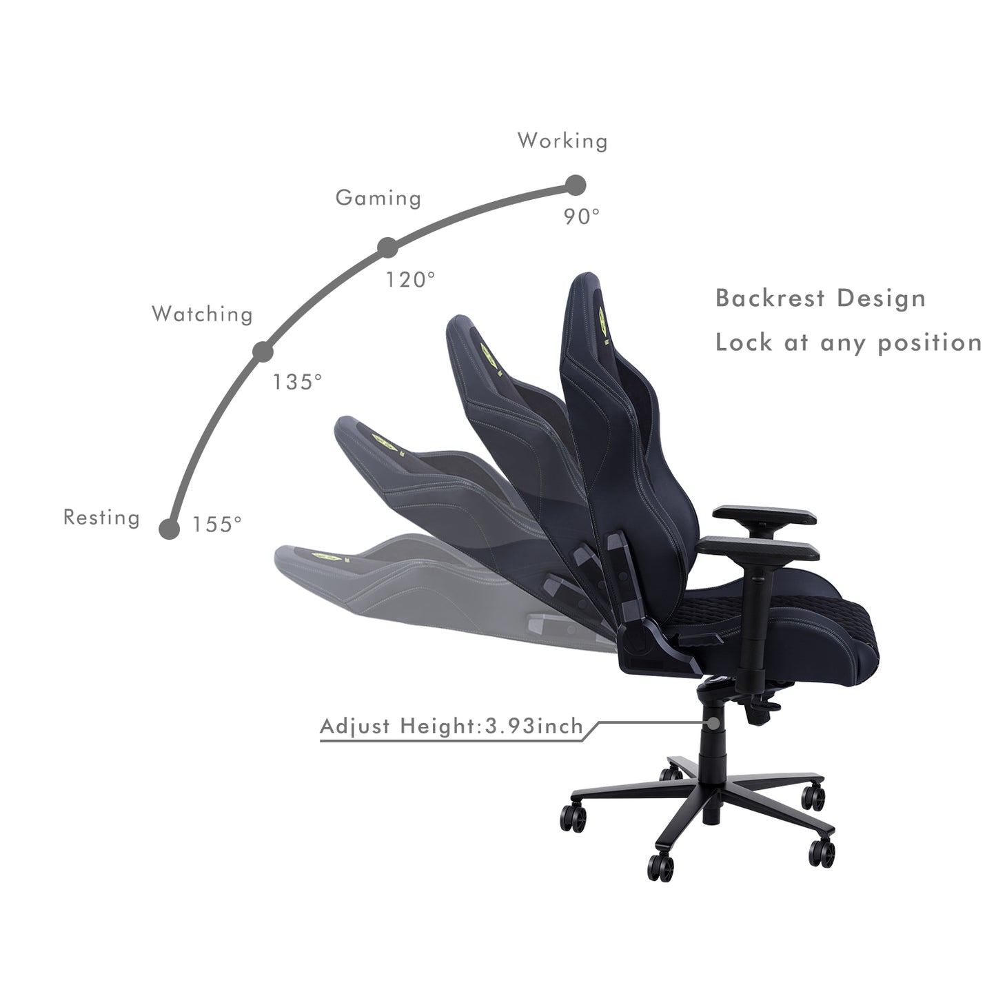 HOBOT Pro-Comfort  Gaming/Office Chair with Recliner, Swivel, Tilt, Rocker, Adjustable Height, 4D Armrests, Neck Pillow and Lumbar Adjustment - Black suede - Green logo