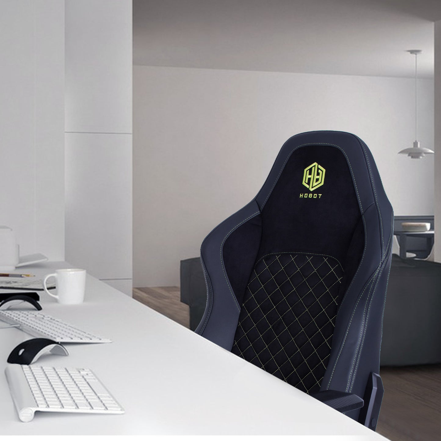 HOBOT Pro-Comfort  Gaming/Office Chair with Recliner, Swivel, Tilt, Rocker, Adjustable Height, 4D Armrests, Neck Pillow and Lumbar Adjustment - Black suede - Green logo