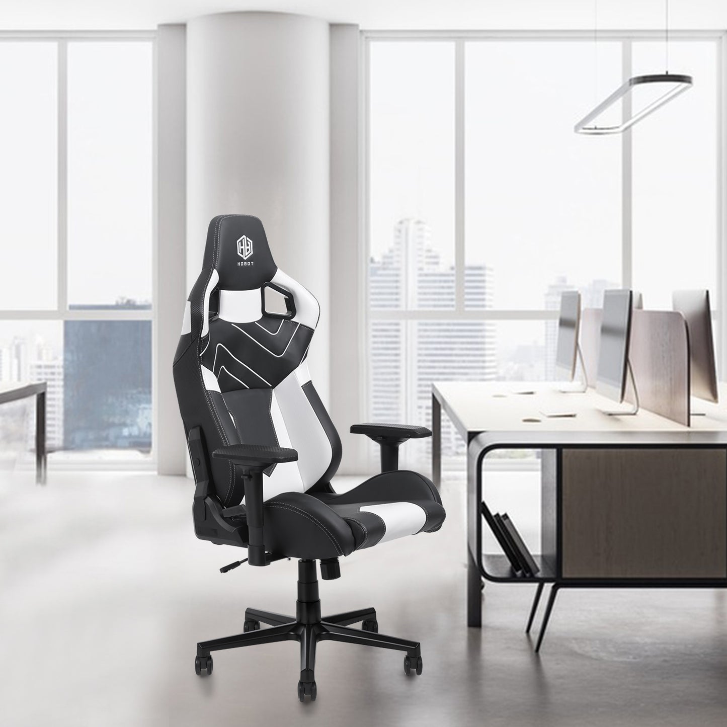 HOBOT Goldeneye PU Leather Ergonomic Computer Gaming/Office Chair with Recliner, Swivel, Tilt, Rocker, Adjustable Height and Adjustable Lumbar and Neck Support Pillows - Black - White Accents
