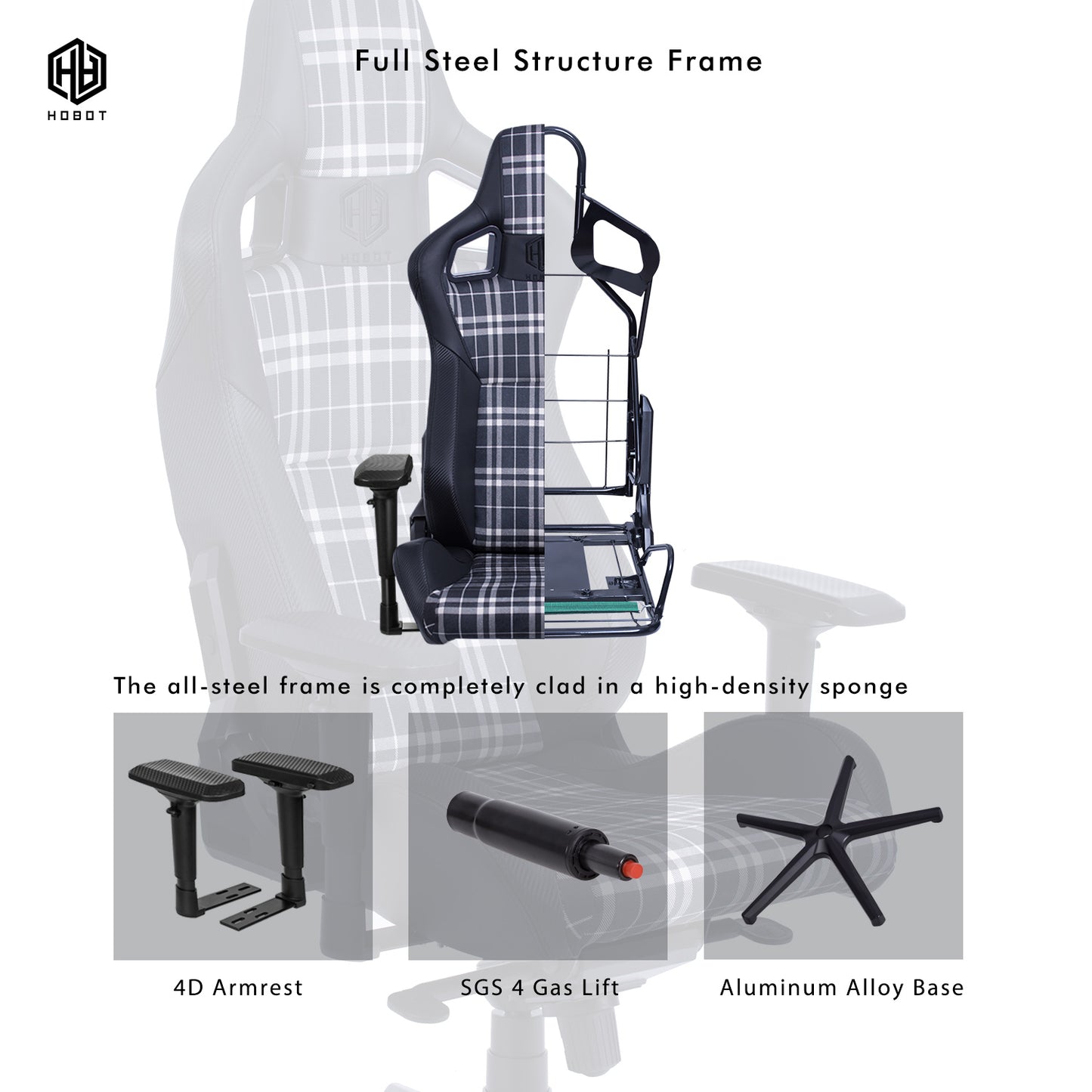 HOBOT Aviator Racing Style Gaming Chair, Reclining Ergonomic Chair，Plaid Cloth