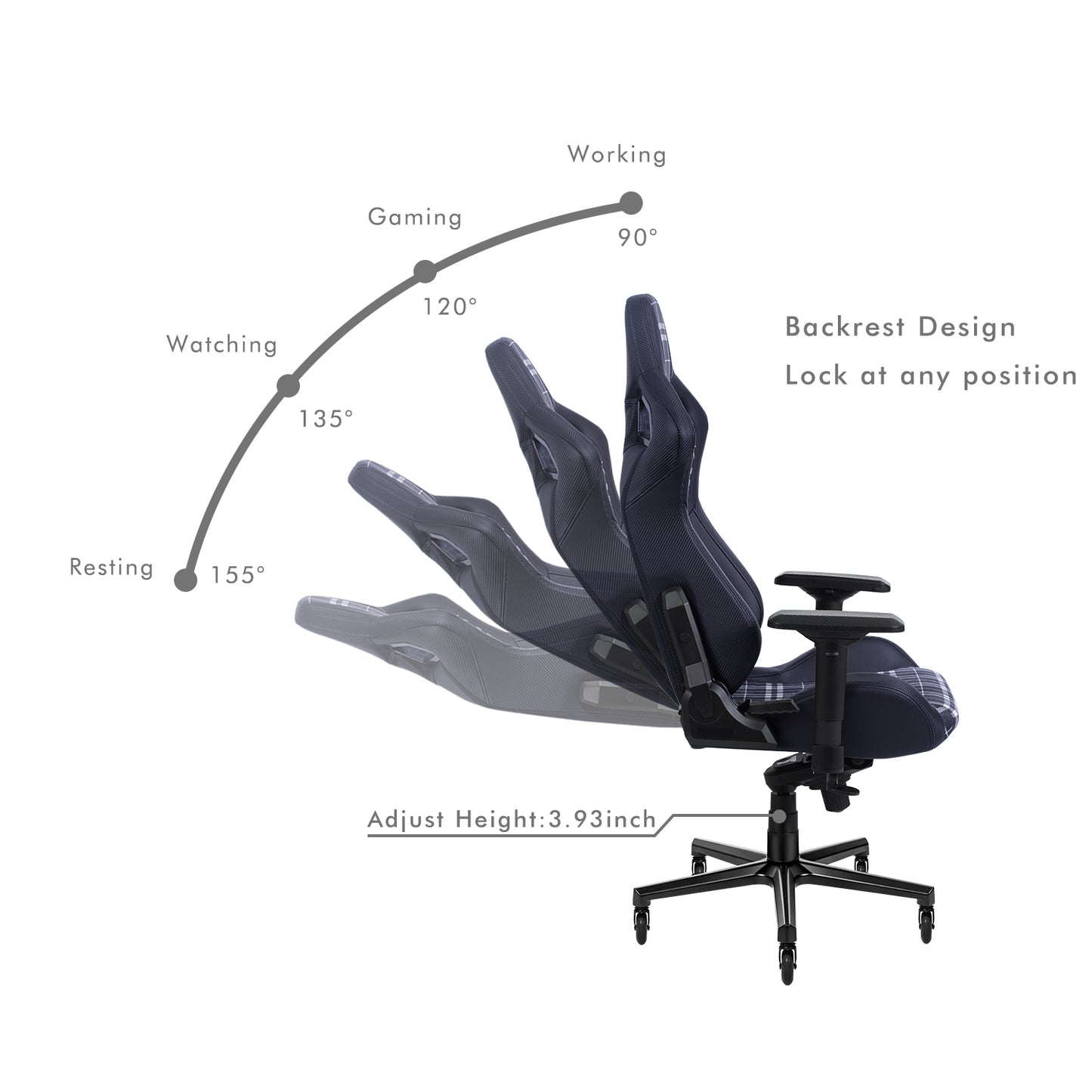 HOBOT Aviator Racing Style Gaming Chair, Reclining Ergonomic Chair，Plaid Cloth
