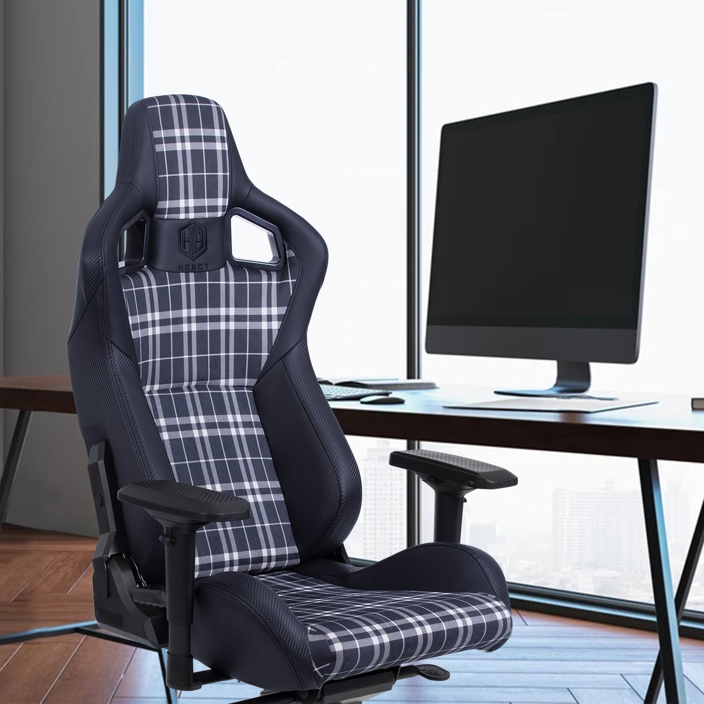 HOBOT Aviator Racing Style Gaming Chair, Reclining Ergonomic Chair，Plaid Cloth