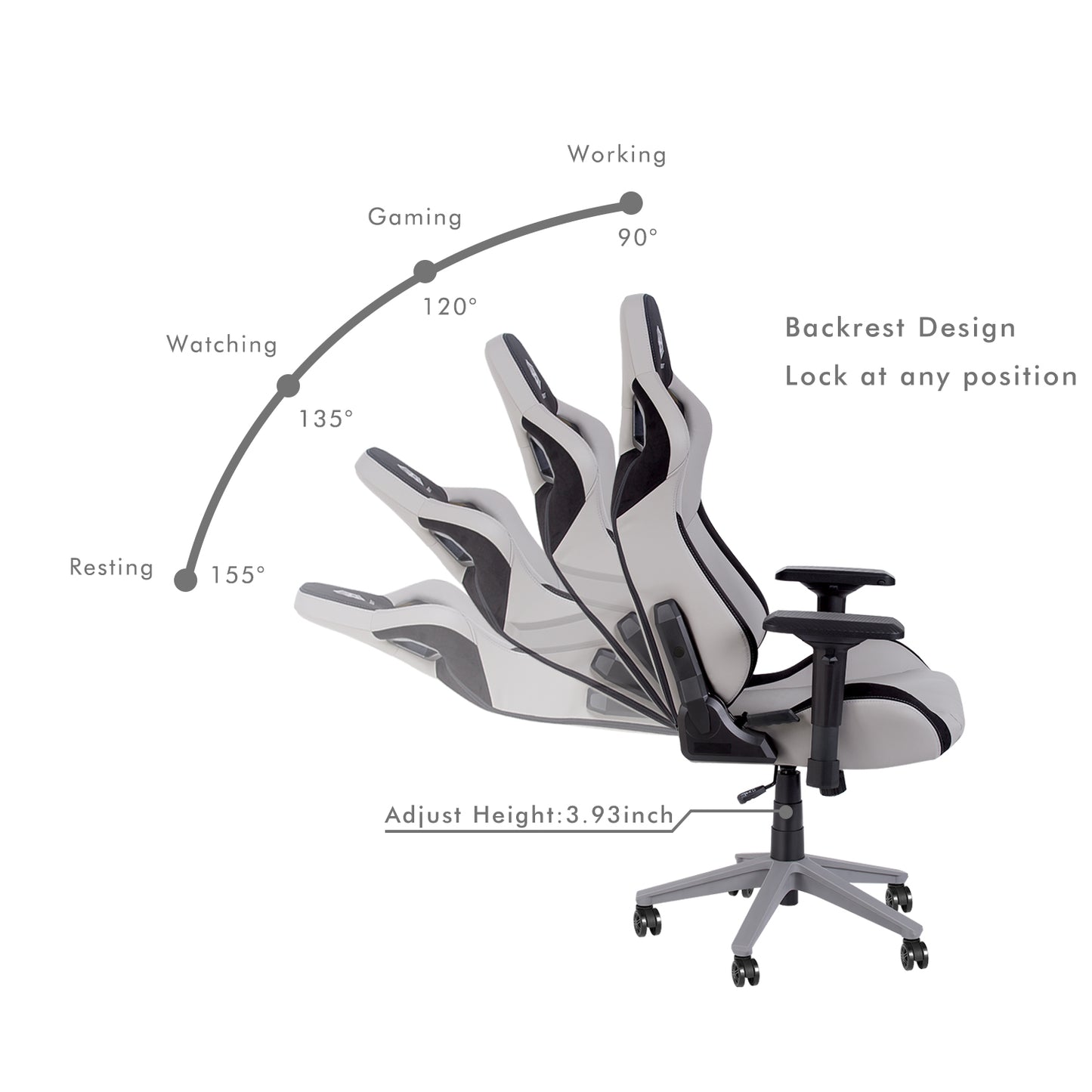 HOBOT Silence Gaming Chair with High Backrest, Recliner, Swivel, Tilt, Rocker & Seat Height Adjustment Mechanisms,Grey