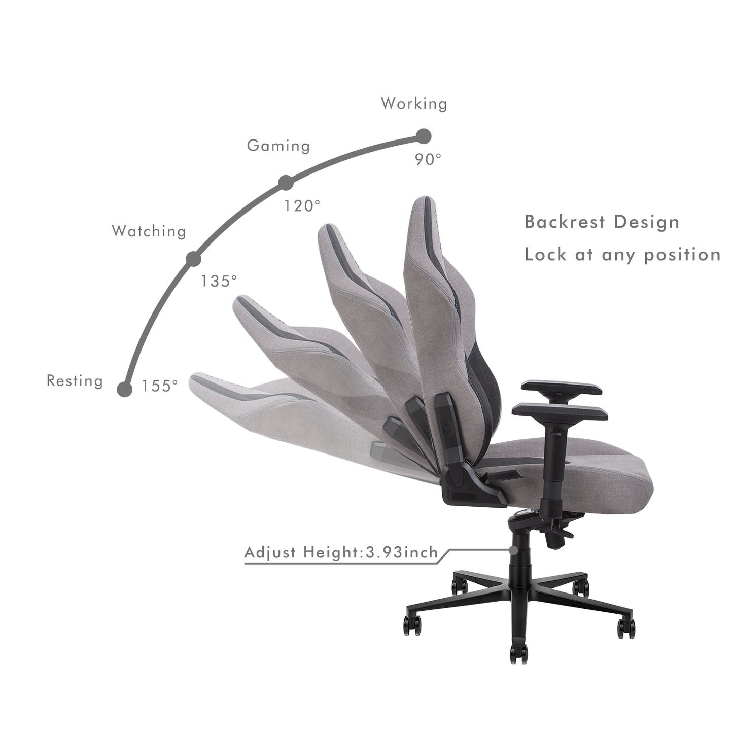 Hobot Spectre Fabric Racing Style Gaming Chair, Reclining Ergonomic Chair, in Gray