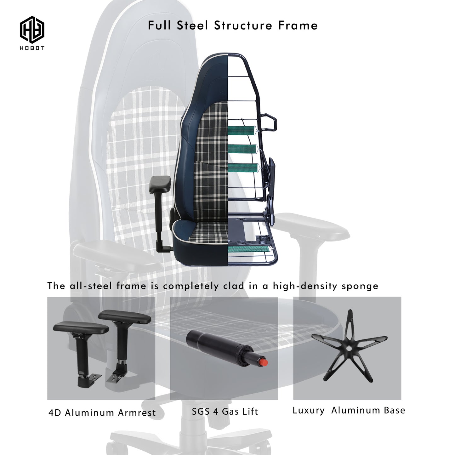 HOBOT Vesper height adjustable magnetic headrest Plaid fabric High Back PU Leather gaming Chair