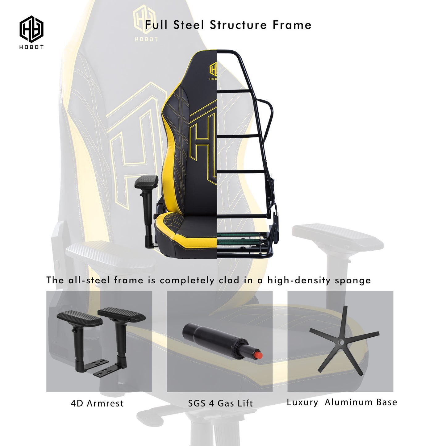 HOBOT Themis Gaming Chair - Ergonomic Office Chair 4D Armrest and Height Adjustable PU Leather Computer Chair with Lumbar Support, Black & Yellow